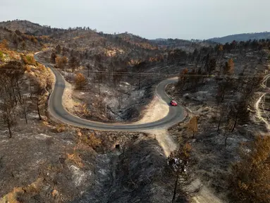 Pemandangan udara ini menunjukkan sebuah jalan yang membentang di sepanjang lahan yang terbakar akibat kebakaran hutan di dekat desa Jonquieres, di departemen Aude, Prancis Selatan, pada 18 Agustus 2025. (Lionel BONAVENTURE/AFP)