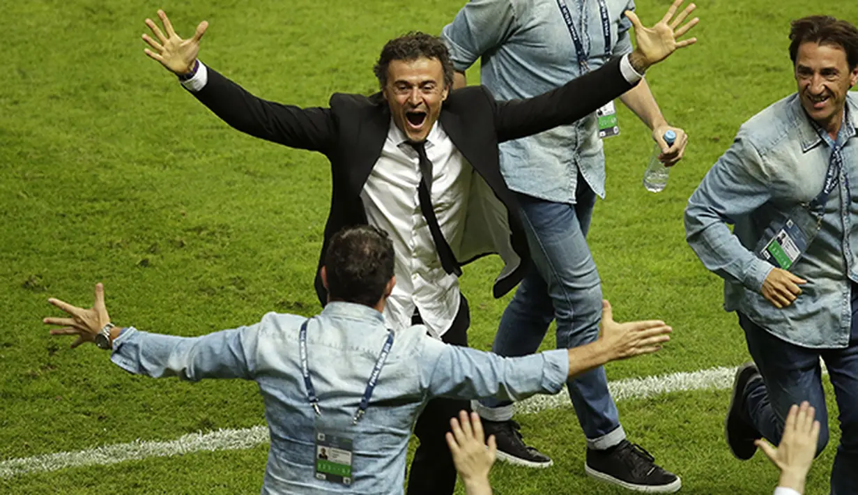 Ekspresi pelatih Barcelona Luis Enrique atas kemanangan timnya. (AP Photo/Michael Sohn)