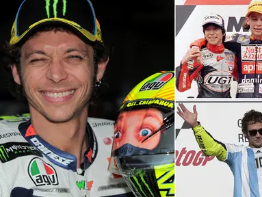 Berikut ini metamorfosis gaya pebalap MotoGP, Valentino Rossi dari masa ke masa. Dirinya merupakan legenda hidup dunia balap motor dengan meraih sembilan gelar juara dunia dengan enam motor berbeda. (Kolase foto-foto dari AFP)