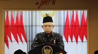 Wakil Presiden Ma’ruf Amin saat memberikan sambutan di seminar Road to Jakarta Muslim Fashion Week (JMFW) 2023 Seri 1 bertajuk “Education as Pillar for Sustainable Fashion”, Rabu (6/4/2022).
