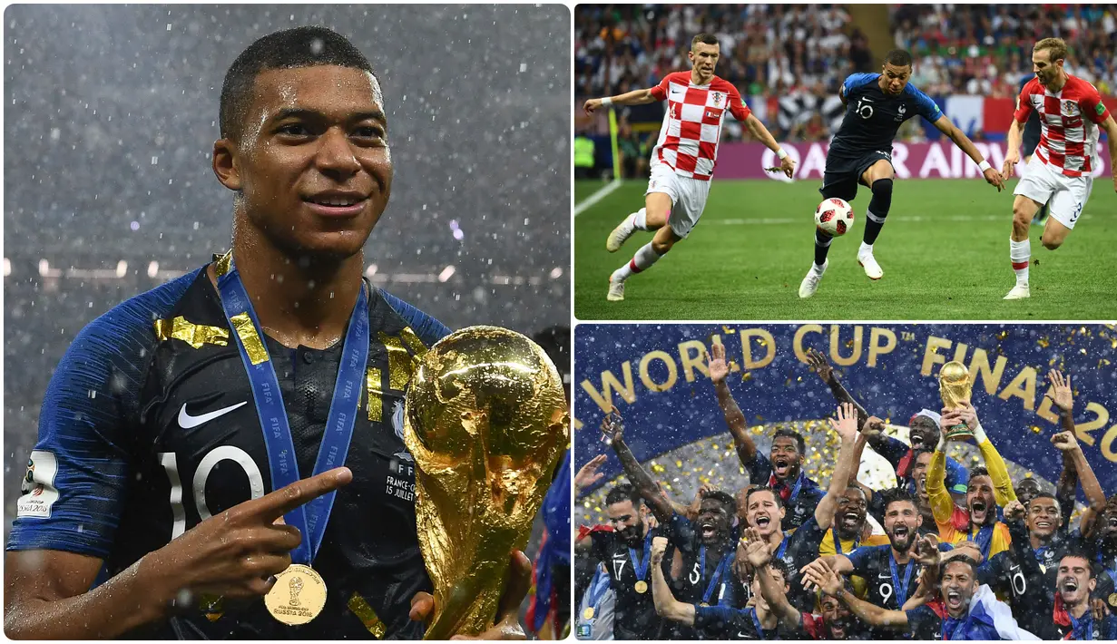 Performa apik Kylian Mbappe saat membawa Prancis juara di Piala Dunia 2018 usai mengalahkan Krosia 4-2 di partai Final. Saat itu, Mbbape menjadi pemain muda yang belum genap berusia 20 tahun. Berikut momen Mbbape saat bawa Prancis juara Piala Dunia 2018. (kolase foto AFP)