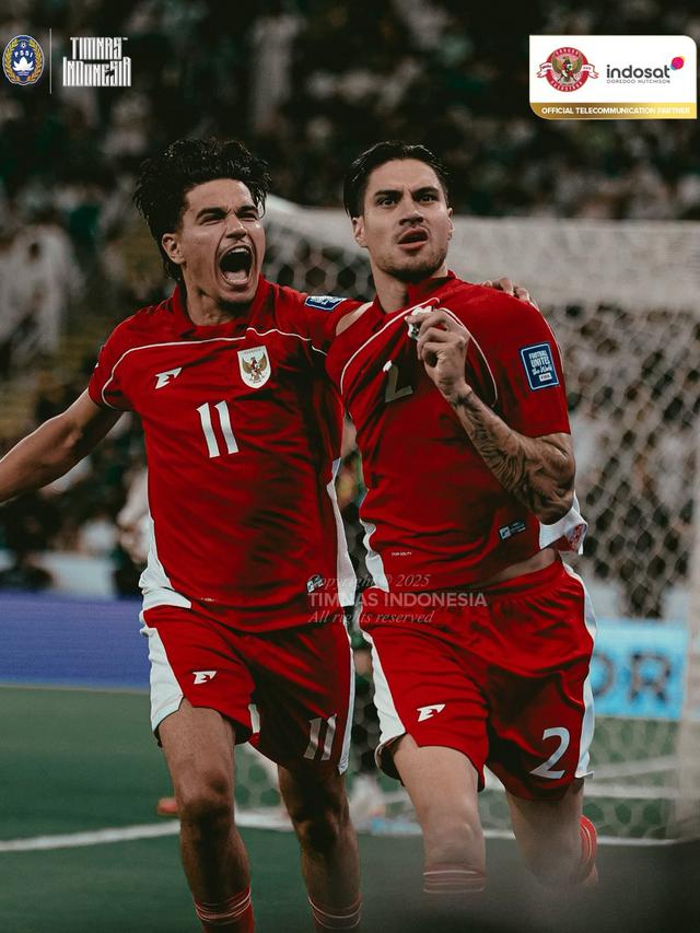 Kevin Diks mencetak gol untuk Timnas Indonesia ke gawang Timnas Arab Saudi.