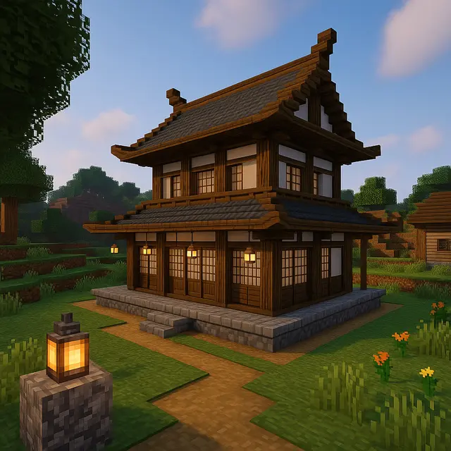 Contoh desain rumah bergaya Jepang tradisional di Minecraft/Meta AI