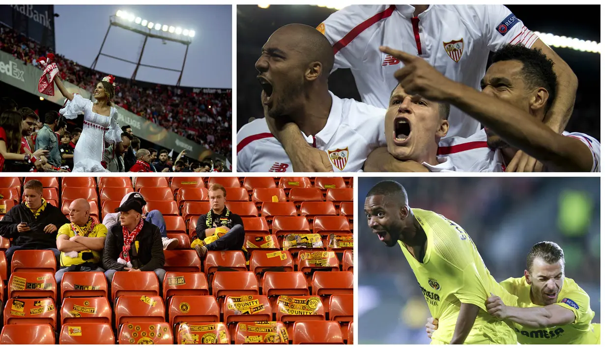 10 foto terbaik babak perempat final Liga Europa diwarnai oleh ekspresi para pemain Sevilla yang berhasil lolos berkat adu penalti dan kemurungan fans Dortmund. (AFP-Reuters) 