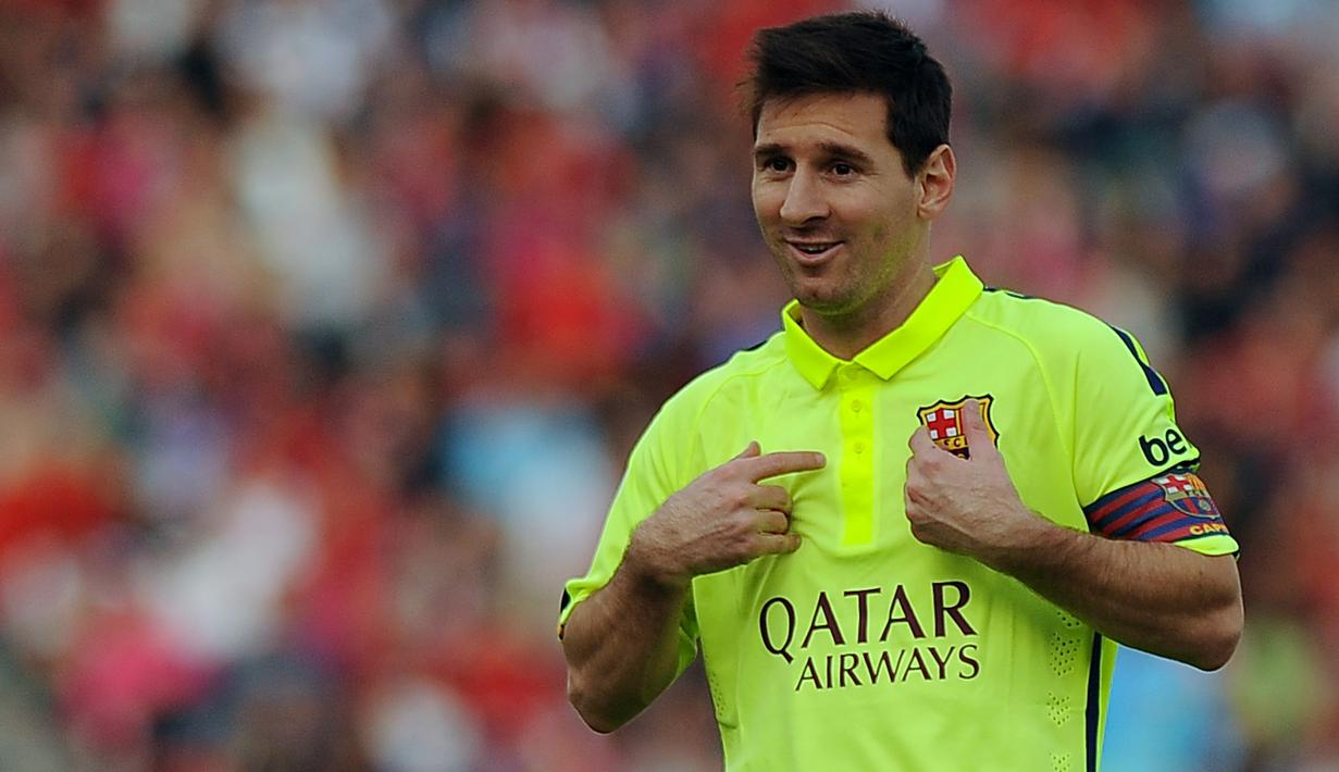 Lionel Messi saat pertandingan Barcelona melawan Almeria dalam laga La Liga pada 8 November 2014 di stadion Juegos Mediterraneos, Almeria. (AFP/ Jorge Guerrero)
