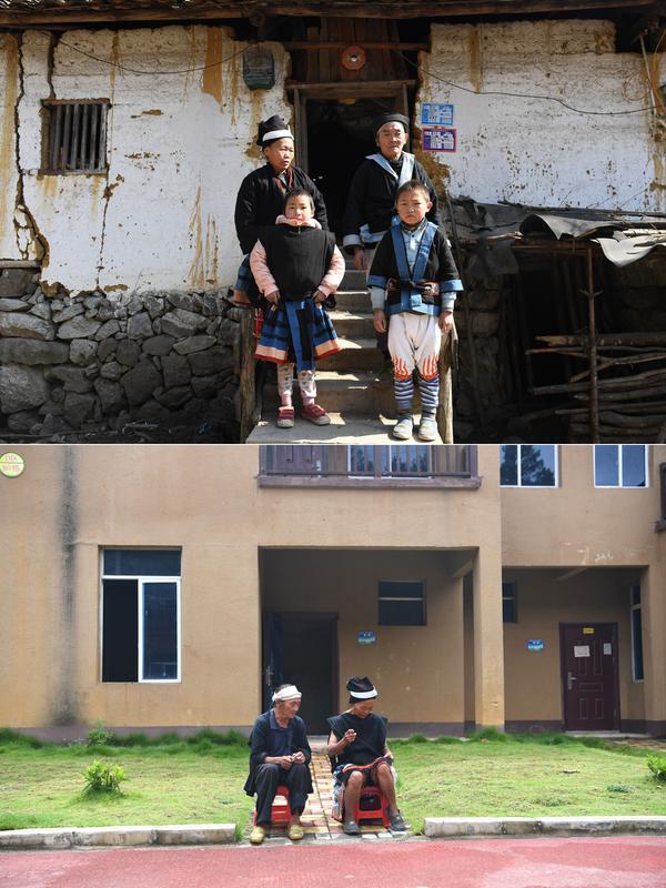 Foto atas menunjukkan Wei Jinlin (kiri) dan keluarga berdiri pada tangga rumah lama mereka di Desa Dongjia, Kota Lihu Yao, 11 Januari 2018, sementara foto bawah menunjukkan Wei dan istrinya istirahat di depan rumah baru mereka di Nandan, Daerah Otonom Etnis Zhuang Guangxi, China. (Xinhua/Zhou Hua)