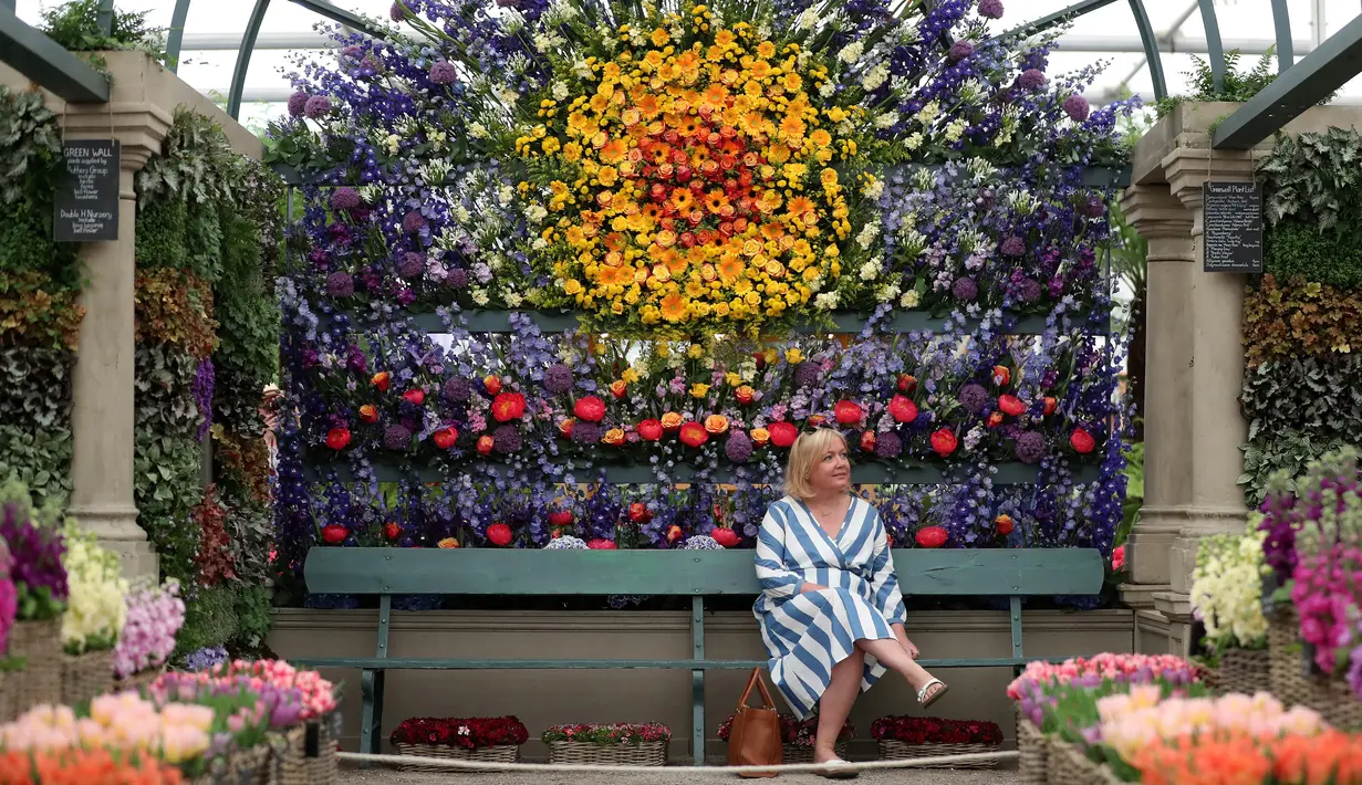 Pengunjung duduk di bawah rangkaian bunga yang dipamerkan pada RHS (Royal Horticultural Society) Chelsea Flower Show, London, Senin (215/). Ini adalah pameran bunga yang paling terkenal di Inggris, dan mungkin di dunia. (Daniel LEAL-OLIVAS/AFP)