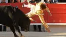 Seorang matador dari Prancis Andy Younes terpental saat ditanduk oleh banteng Spanyol Jandilla saat kompetis Feria du Riz di Arles, Prancis (4/1). Matador gagal menaklukan sang banteng. (AFP/Boris Horvat)