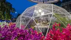 Orang-orang menyantap makanan dalam dining dome, instalasi tempat makan berbentuk kubah yang membantu mencegah penyebaran COVID-19, di Capitol Singapore Outdoor Plaza, Singapura, 21 Oktober 2020. (Xinhua/Then Chih Wey)