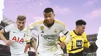 Ilustrasi - Timo Werner Tottenham Hotspur, Kylian Mbappe Real Madrid, Jadon Sancho Borussia Dortmund (Bola.com/Adreanus Titus)