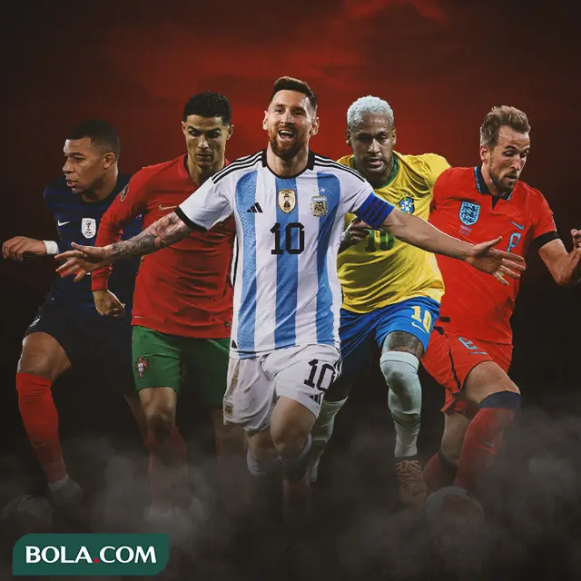 Ilustrasi - Lionel Messi, Harry Kane, Kylian Mbappe, Neymar, Cristiano Ronaldo Piala Dunia 2022