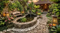 6 Desain Taman Depan Rumah dengan Kolam Ikan, Batu Koral Putih, dan Lampu Taman Minimalis
