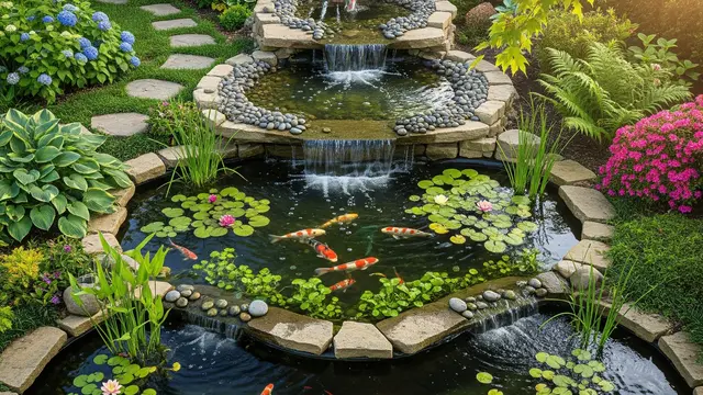 Kolam Ikan Minimalis dengan Air Terjun Mini di Sudut Taman