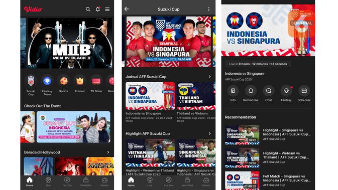 Menonton live streaming Piala AFF 2020 di aplikasi Vidio melalui smartphone (Liputan6.com/ Agustin Setyo W).