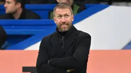 Reaksi bahagia pelatih Chelsea, Graham Potter pada laga pekan ke-26 Liga Inggris 2022/2023 melawan Leeds United yang berlangsung di Stamford Bridge, London, Sabtu (05/03/2023) malam WIB. The Blues berhasil menang dengan skor 1-0. (AFP/Justin Tallis)