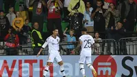 Selebrasi Cristiano Ronaldo saat mencetak gol di laga MU melawan Sheriff di Liga Europa (AFP)