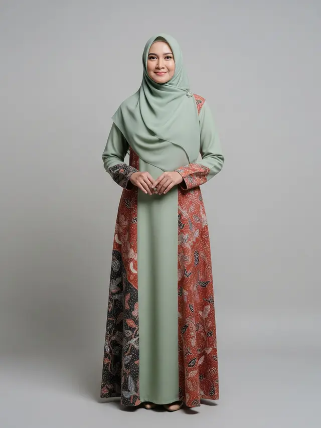 Gamis Batik Kombinasi Polos