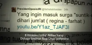 Farhat Abbas bagai memancing di air keruh, ketika orang berbelasungkawa, ia justru berkicau melalui akun twitternya. Kicauan itu membuat penggemar Olga geram. Inilah delapan kicauan Farhat yang menggegerkan itu. 