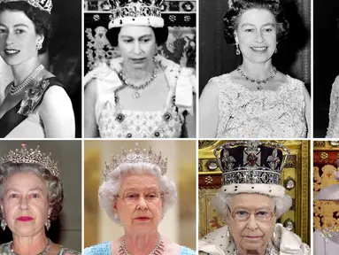 Foto Kombinasi yang dibuat di London pada 17 Agustus 2018 menunjukkan potret Ratu Inggris Elizabeth II dalam setiap dekade masa pemerintahannya. Ratu Elizabeth II, raja terlama dalam sejarah Inggris dan ikon yang langsung dikenali oleh miliaran orang di seluruh dunia, telah meninggal pada usia 96, Istana Buckingham mengatakan pada 8 September 2022. (Foto oleh AFP)