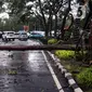 Anak-anak duduk pada pohon tumbang yang melintang di sebuah jalan di Kota Tangerang, Banten, Kamis (23/12/2021). Puluhan pohon dan gapura tumbang akibat terjangan angin kencang saat hujan lebat melanda Kota Tangerang. (Liputan6.com/Angga Yuniar)