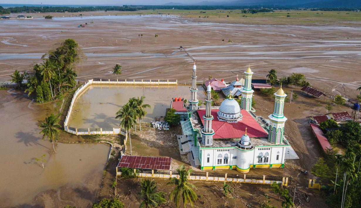 Diketahui, Meureudu, ibu kota Kabupaten Pidie Jaya, merupakan salah satu lumbung pangan utama di wilayah Aceh dan memiliki sektor pertanian padi yang signifikan. Tampak foto udara menunjukkan sebuah masjid dan sawah yang terendam lumpur setelah banjir bandang di Meureudu, Kabupaten Pidie Jaya, Provinsi Aceh, pada Senin 8 Desember 2025. (Chaideer MAHYUDDIN/AFP)