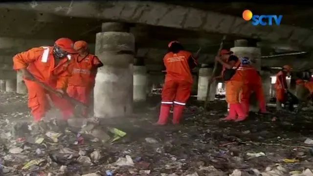 Lautan sampah di kolong Tol Wiyoto Wiyono ditargetkan bersih dalam waktu satu bulan. Petugas kembali berjibaku dengan sampah, guna melanjutkan upaya pembersihan.