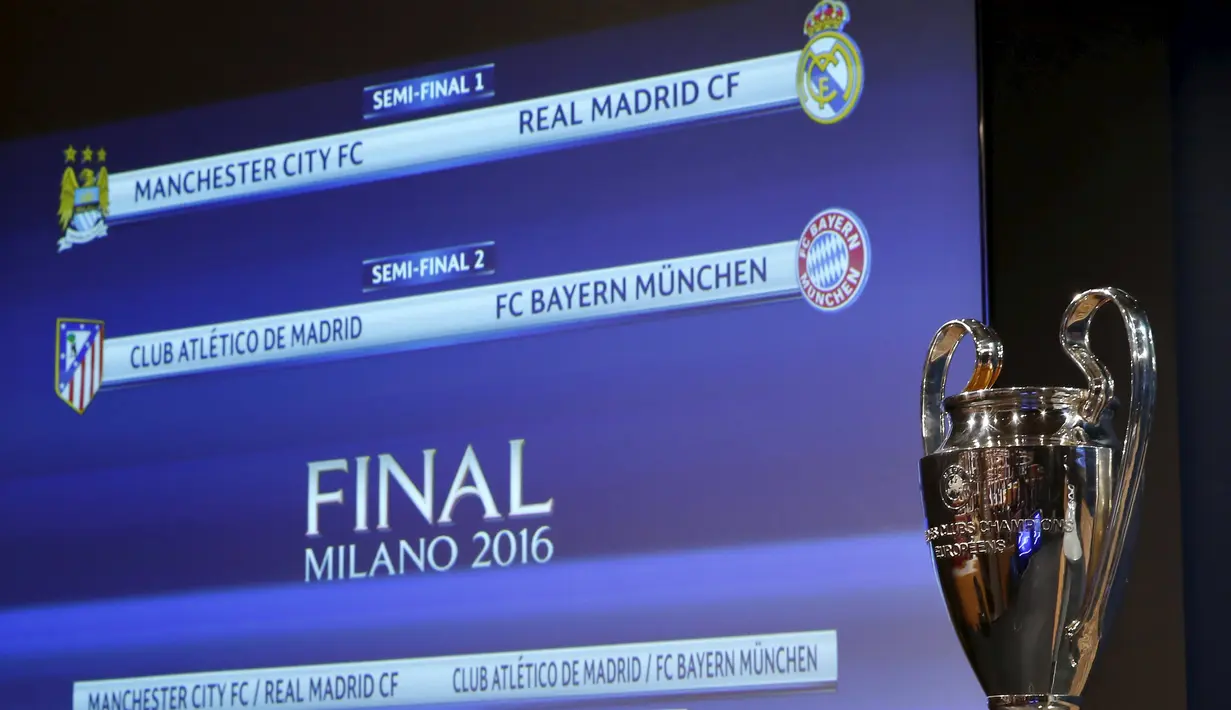 Hasil undian semifinal Liga Champions di markas UEFA, Nyon, Swiss, Jumat (15/4). Tim kaya Manchester City akan bertemu dengan Real madrid dan semifinal lainnya mempertemukan Atletico Madrid melawan Bayern Munchen. (REUTERS/Denis Balibouse)