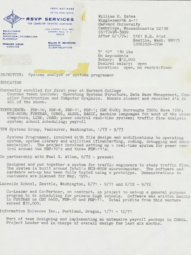 CV Bill Gates 48 tahun yang lalu (LinkedIn Bill Gates)