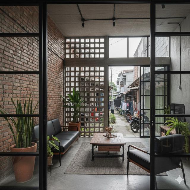Desain Industrial dengan Dinding Bata Ekspos dan Roster