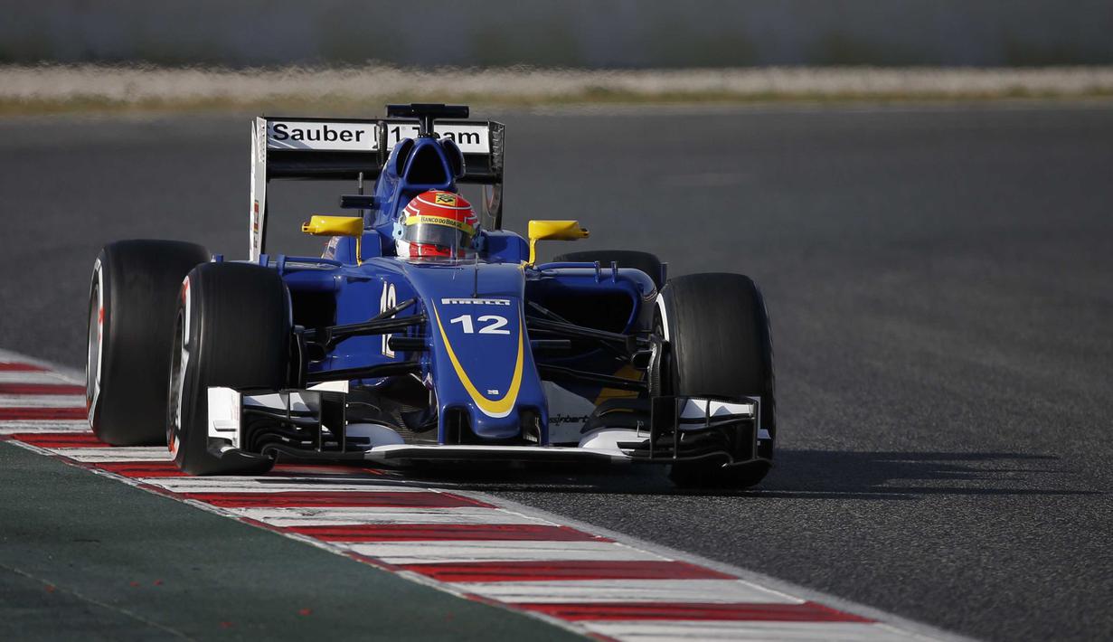 Felipe Nasr mencatat waktu terbaiknya adalah 1m25,493s dari 103 lap pada sesi tes pramusim kedua di Sirkuit Catalunya, Barcelona, selasa (2/3/2016) malam WIB.  (REUTERS/Sergio Perez)