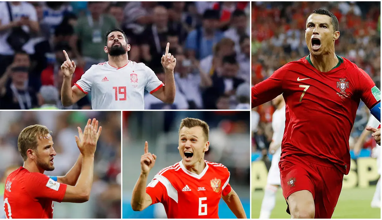 Berikut ini para pencetak gol terbanyak sementara pada ajang Piala Dunia 2018 di Rusia. Cristiano Ronaldo dan Denis Cheryshev berada di posisi teratas dengan koleksi tiga gol. (Foto-foto Kolase dari AP)