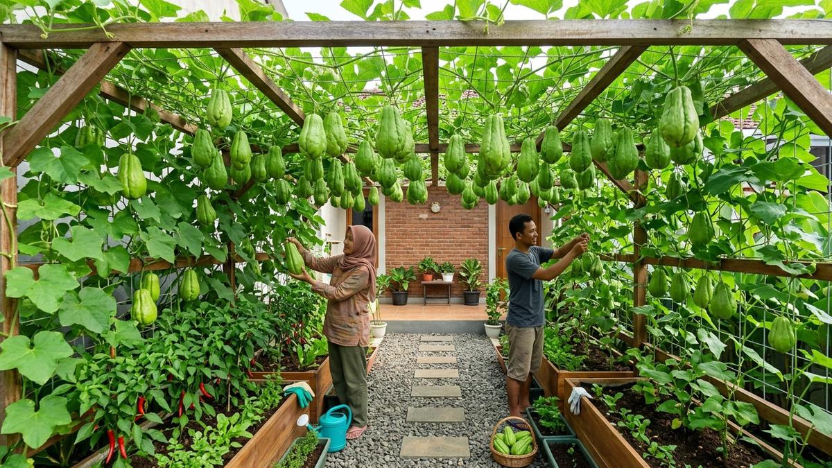 Inspirasi Kebun Labu Siam Gantung untuk Lahan Sempit agar Lebih Rapi dan Produktif