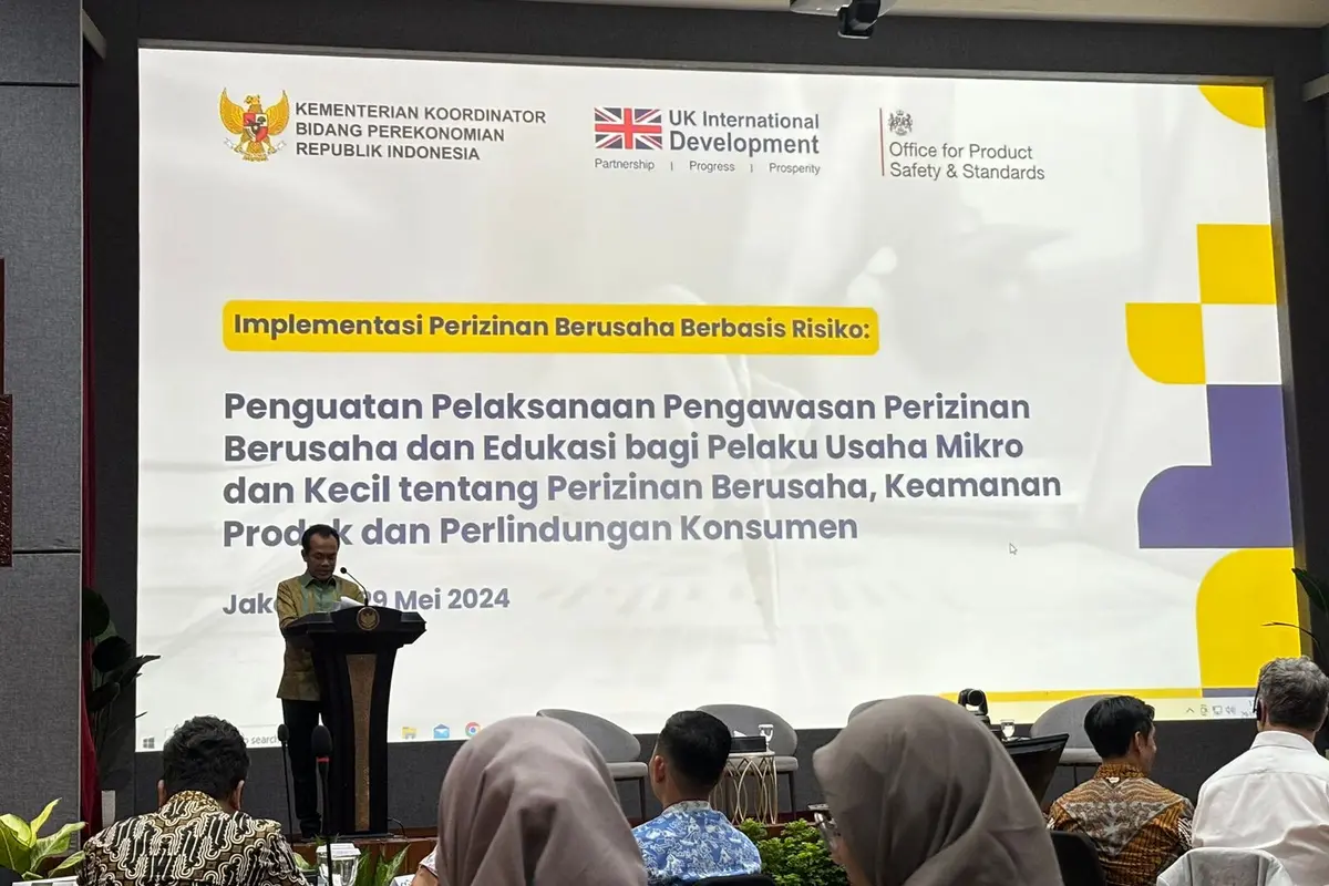 Sekretaris Kementerian Koordinator bidang Perekonomian Susiwijono Moegiarso dalam sambutannya di acara Talkshow Implementasi Perizinan Berusaha Berbasis Risiko, di Kantor Kementerian Perekonomian, Jakarta, Rabu (29/5/2024). (Tira/Liputan6.com)