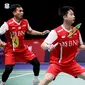 Pasangan Indonesia,&nbsp;Kevin Sanjaya/Mohammad Ahsan, beraksi pada Piala Thomas 2022. (Dok. PBSI)