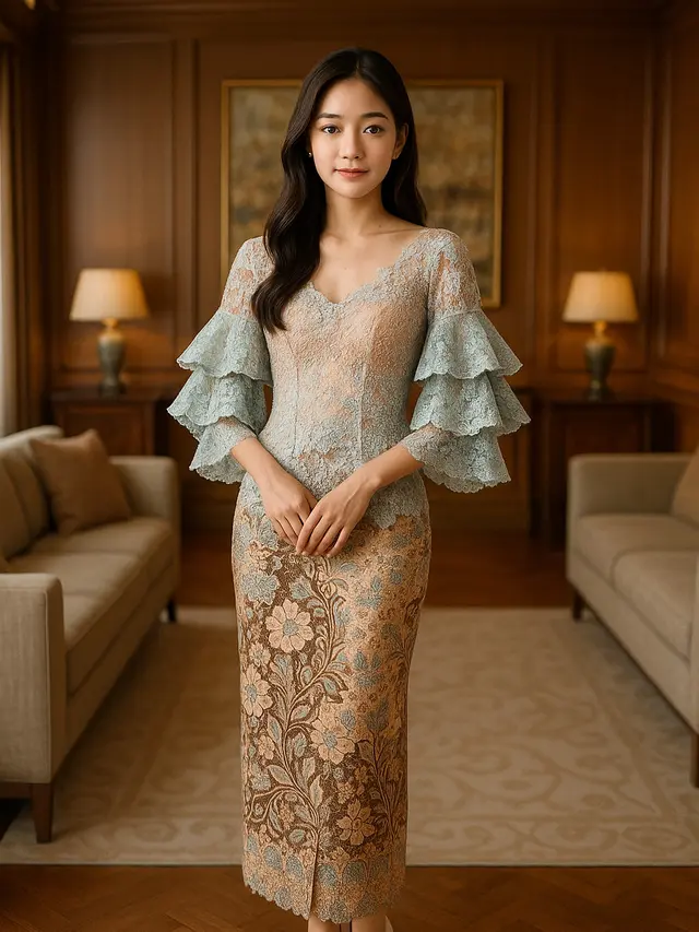 Model Batik Brokat Kombinasi Lengan Pagoda Tiga Lapis