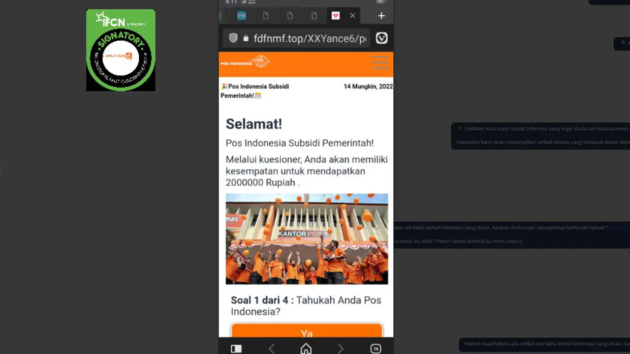 Tangkapan layar informasi PT Pos Indonesia bagikan subsidi Rp 2 juta
