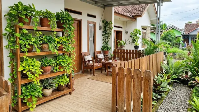 Ide Teras Rumah dengan Sirih Gading dan Pagar Kayu yang Desainnya Estetik Penggugah Kenyamanan Model dengan Pergola Kayu dan Sirih Gading Rambat Model dengan Kombinasi Pot Bertingkat dan Pagar Kayu