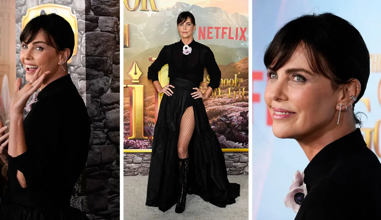 Foto kolase Charlize Theron saat menghadiri pemutaran perdana film "The School for Good and Evil" di Regency Village Theatre di Los Angeles, California pada 18 Oktober 2022. (AP Photo/Chris Pizzello)