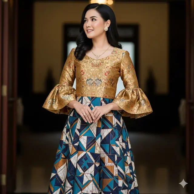 Empire Waist Dress Brokat Lengan Trompet