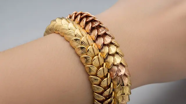 Gelang Emas 24 Karat Sisik Naga Kombinasi Rose Gold dan Yellow Gold