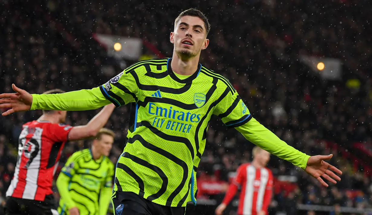 Pemain Arsenal, Kai Havertz melakukan selebrasi usai mencetak gol saat pertandingan sepak bola Liga Premier Inggris melawan Sheffield United di Stadion Bramall Lane di Sheffield, Inggris, 4 Maret 2024. (AP Photo/Rui Vieira)