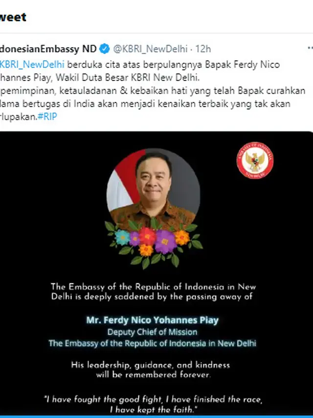 Kabar Wakil Duta Besar Republik Indonesia untuk India, Ferdy Nico Yohannes Piay, meninggal dunia. (Twitter @KBRI_NewDelhi)