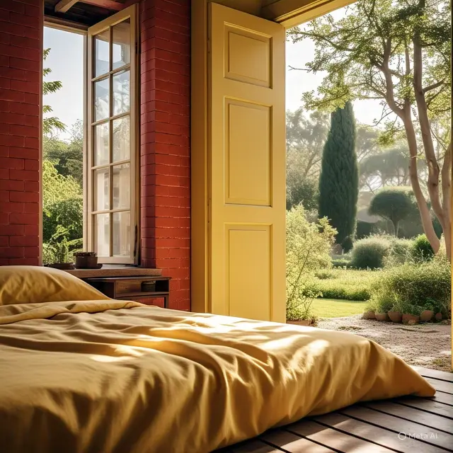 Kamar Tidur dengan Nuansa Merah Bata dan Kuning Lembut