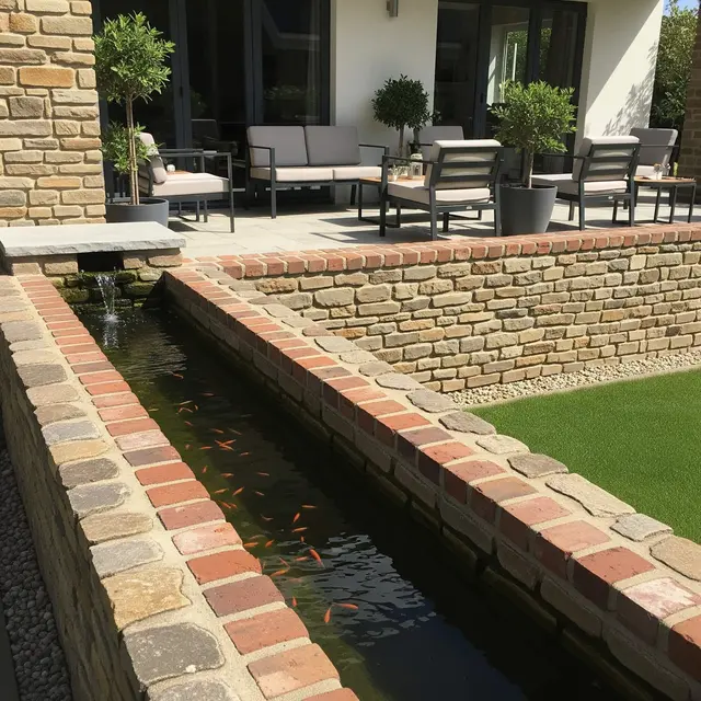 Ide Teras Rumah Luas dengan Kolam Ikan Mini di Sudut Depan