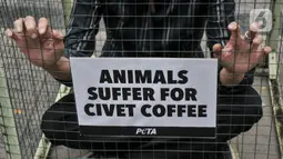 Aktivis People for the Ethical Treatment of Animals (PETA) mengurung diri di dalam kandang saat aksi teatrikal mengecam eksploitasi luwak untuk kepentingan produksi kopi di depan Kantor Kementerian Lingkungan Hidup dan Kehutanan (KLHK), Jakarta, Rabu (25/1/2023). Aktivis PETA mengurung diri di dalam kandang sebagai bentuk protes dan mendesak pihak berwenang melarang peternakan luwak untuk kepentingan produksi kopi. (merdeka.com/Iqbal S Nugroho)