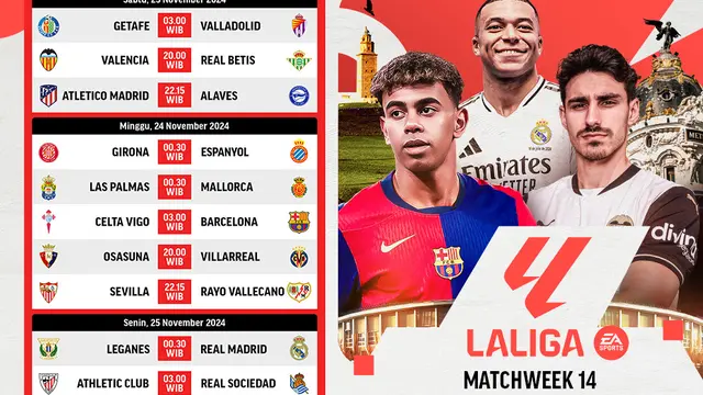 Jadwal La Liga 2024/25 Matchweek 14 di Vidio
