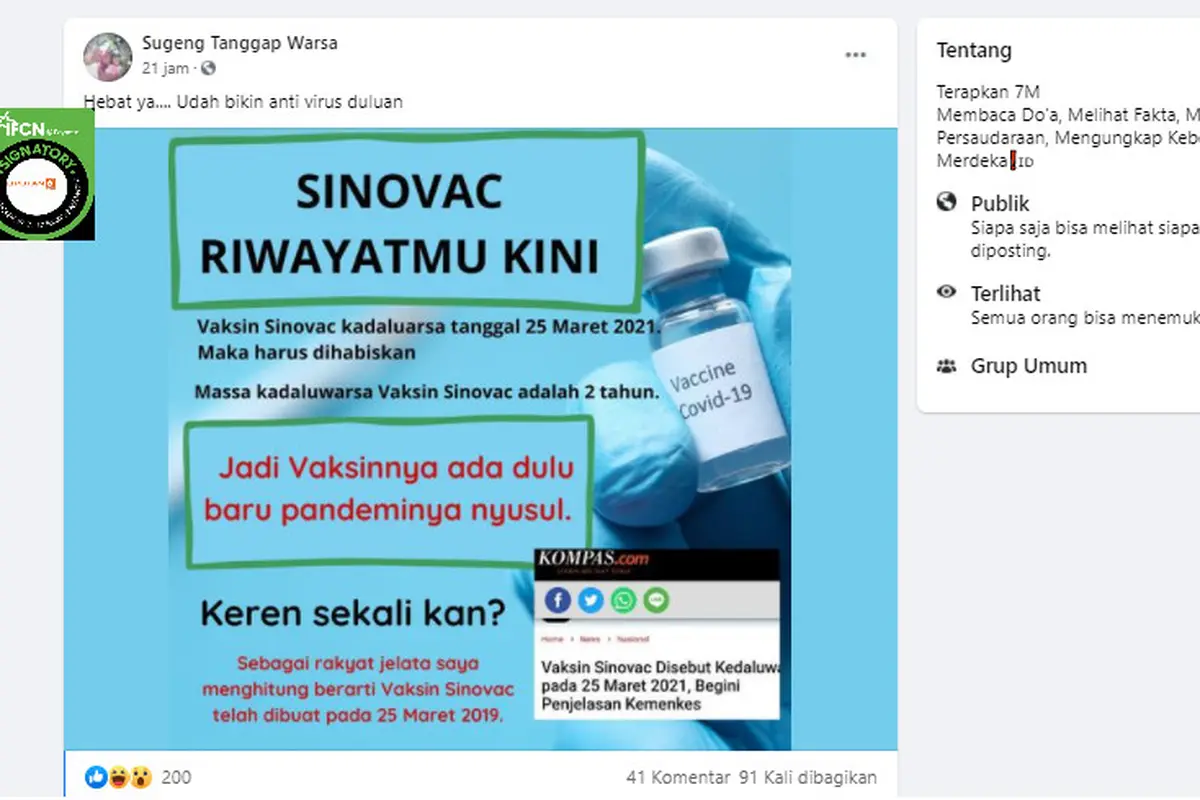 Cek Fakta Liputan6.com menelusuri klaim vaksin Sinovac diproduksi sebelum pandemi karena kadaluarsa lebih cepat dari 2 tahun