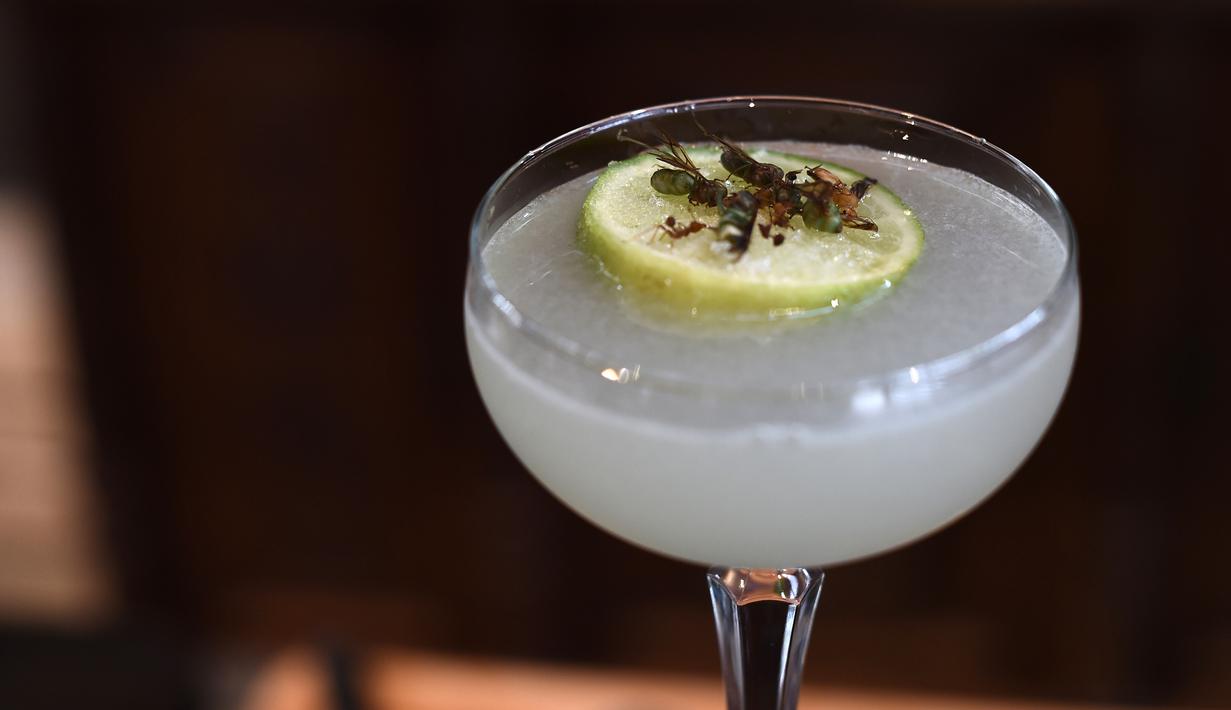 Semut bersayap yang dapat dimakan digunakan sebagai hiasan minuman margarita di restoran Insects in the Backyard, Bangkok, 15 Agustus 2017. Restoran ini menjadi yang pertama membuka menu hidangan makanan dengan kombinasi serangga (LILLIAN SUWANRUMPHA/AFP)