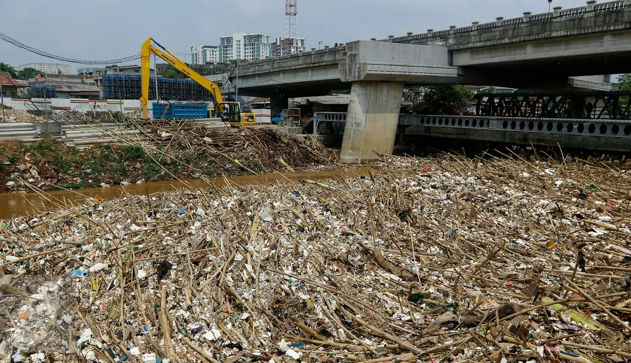 Tumpukan sampah menumpuk di bawah jembatan flyover Kalibata, Jakarta Selatan, Senin (16/11/2015). Pasca datangnya air kiriman dari Bogor, tumpukan sampah menumpuk di bawah jembatan. (Liputan6.com/Yoppy Renato)