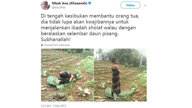 Salat di Kebun Beralaskan Daun Pisang, Bocah Ini Tuai Pujian